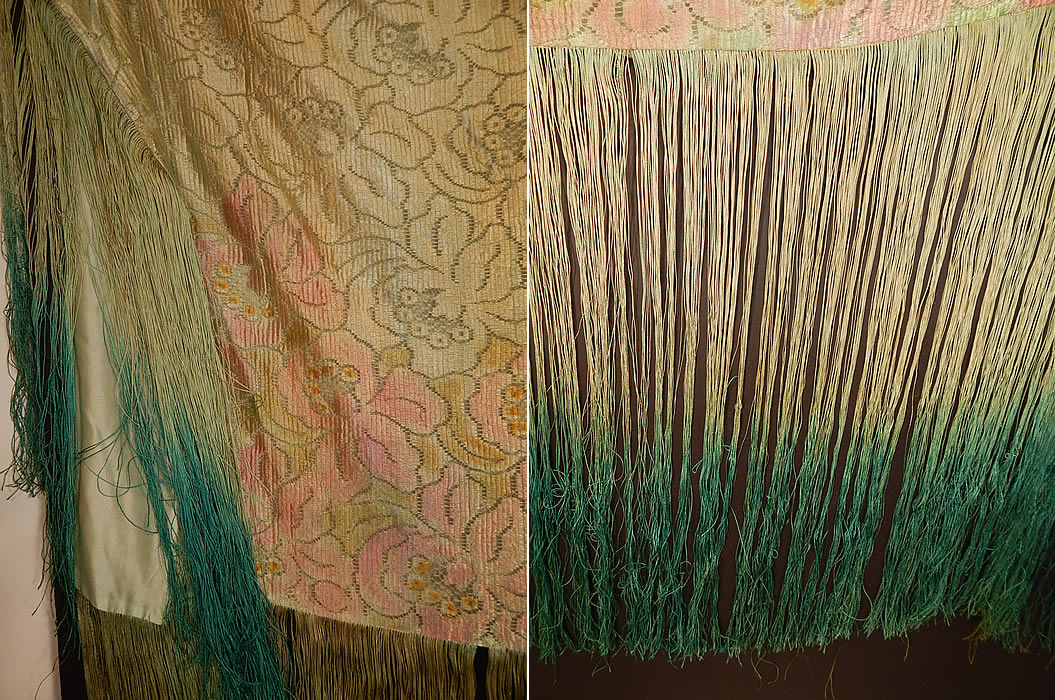 Vintage Pastel Green Silk Pink Floral Lace Ombre Fringe Flapper Shawl Cloak Cape
The shawl measures 62 inches wide, 34 inches long and has 27 inch long fringe.