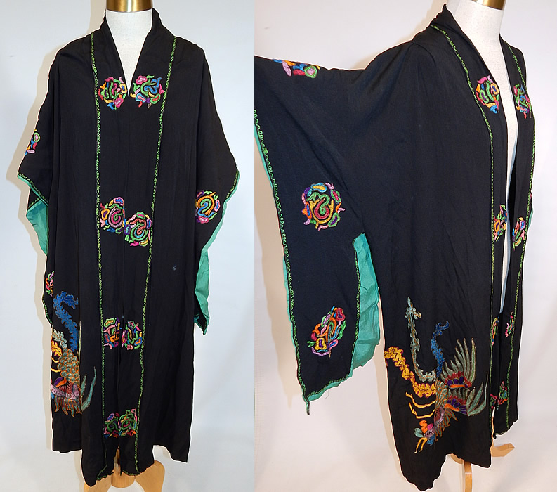 Vintage Art Deco Black Silk Colorful Metallic Embroidered Pheasant Kimono Robe Coat
This vintage amazing Art Deco black silk colorful metallic embroidered pheasant kimono robe coat dates from the 1920s. It is made of a black silk crepe de chine fabric, with bright vibrant colorful chain stitch embroidery work and gold metallic thread outlining the Chinese pheasant bird on the front and decorative Art Deco abstract spiral medallions.