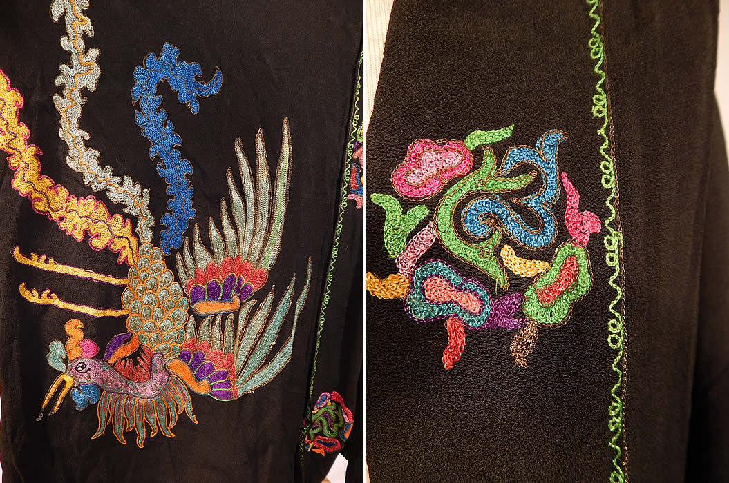 Vintage Art Deco Black Silk Colorful Metallic Embroidered Pheasant Kimono Robe Coat
This fabulous flapper kimono robe style coat is loose fitting, with an open front, no closure, decorative green stitching along the edging and long full swinging kimono split sleeves lined in green silk. The robe measures 46 inches long, with 44 inch hips, a 44 inch waist, 44 inch bust and 23 inch long sleeves.