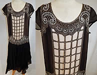 Vintage Art Deco Black Silk Chiffon Lattice Rhinestone Beaded Handkerchief Flapper Dress
