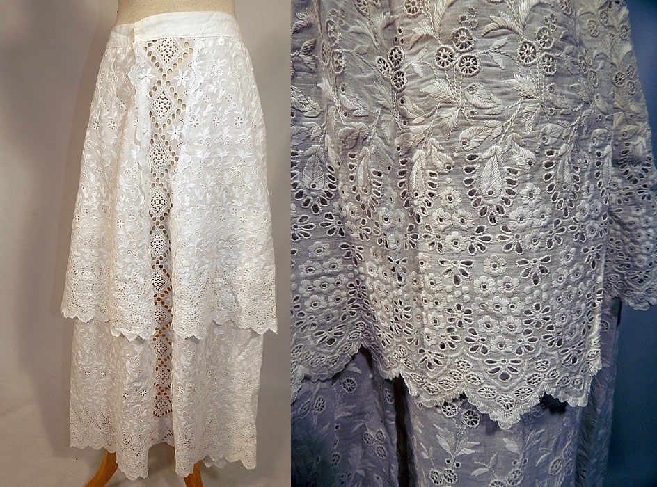 Edwardian White Cotton Broderie Anglaise Eyelet Embroidery Cutwork Lace Skirt
This antique Edwardian Titanic era white cotton broderie anglaise eyelet embroidery cutwork lace skirt dates from 1912. It is made of a sheer white cotton batiste fabric, with a broderie anglaise eyelet embroidery cutwork whitework lace floral vine leaf motif completely covering the entire fabric. 