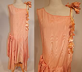 Vintage Peach Silk Moire Sweet Pea Flower Handkerchief Skirt Drop Waist Dress
