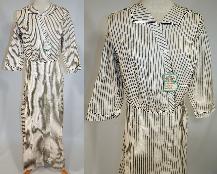 Edwardian Electric Brand Black & White Striped Cotton Workwear House Dress NWT
This vintage Edwardian era Electric Brand black and white striped cotton workwear house dress dates from 1915.