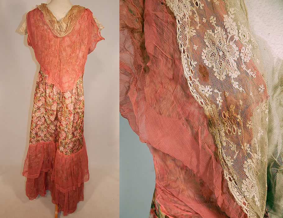 Edwardian Belle Epoque Moire Watered Silk Taffeta Pink Floral Ribbon Lace Dress
The dress measures 53 inches long, with a 28 inch waist and 38 inch bust. It is in fair as-is condition, with several small frayed holes in the pink chiffon fabric overlay and some small faint age spot stains scattered (see close-up). This is truly a wonderful piece of antique textile art which would be great for design or restoration!