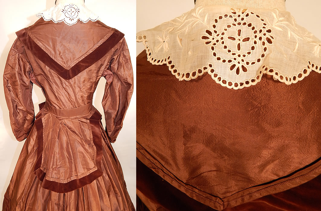 Victorian Civil War Era Brown Silk Taffeta Hoop Skirt Dress & Velvet Bow Belt Sash
This is truly a wonderful piece of antique Victoriana wearable art!