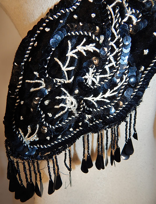 Edwardian Black Silk Velvet White Soutache Embroidery Dress Trim Collar
It is in good as-is condition, with only some loose missing beaded sequin fringe trim (see close-up). This is truly a wonderful piece of wearable art which would be great for design or restoration!