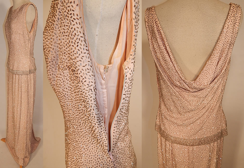 Vintage Hong Kong Custom Made Blush Pink Silk Silver Beaded Evening Gown
This elegant evening gown has a fitted wiggle sheath style, is a long floor length with slight back train drape, a layered sleeveless top with plunging V back, side zipper closures both inside on the dress slip lining and outer top.