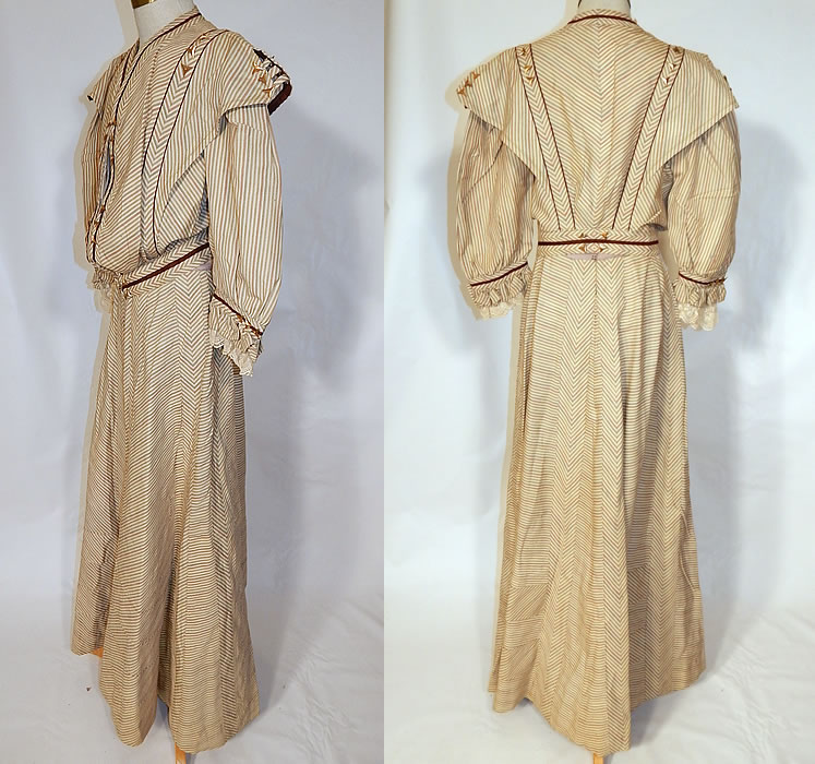 Victorian Brown & White Chevron Striped Wool Walking Suit Jacket Skirt
The top measures 19 inches long, with a 26 inch waist and 36 inch bust. There is a matching fabric long floor length full skirt, with a pleated waist, back hook closures and is unlined. 