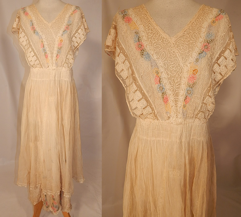 Edwardian Embroidered Pastel Flowers Cream Net Batiste Lace Dress Gown
This vintage Edwardian era embroidered pastel flowers cream net batiste lace dress gown dates from 1915. It is made of an off white cream color net and sheer batiste fabric, with decorative stitching hand embroidery work, colorful pastel flowers and lace trim.