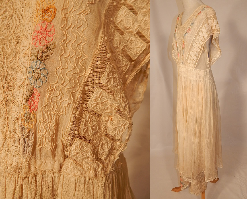 Edwardian Embroidered Pastel Flowers Cream Net Batiste Lace Dress Gown
This lovely lace dress gown has a long full floor length layered tiered skirt, smocking around the waistband, a layered sleeveless top, V necklines, hook closures down the back and is fully lined in net and cotton batiste. 