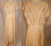 Edwardian Embroidered Pastel Flowers Cream Net Batiste Lace Dress Gown
