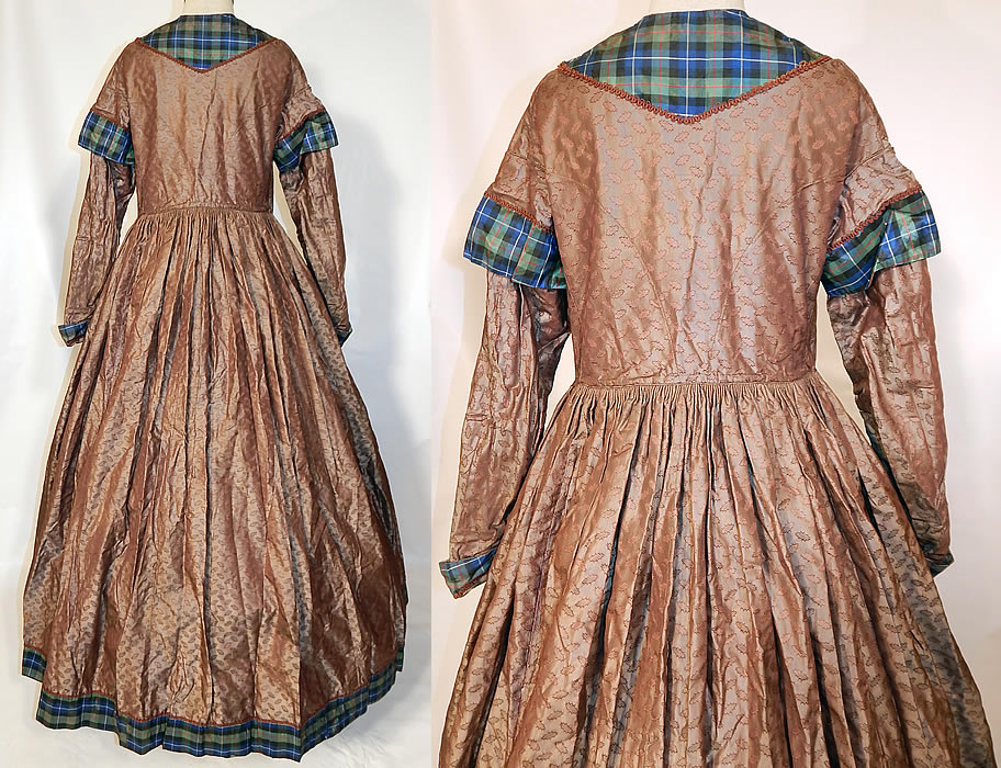 Victorian Civil War Era Silk Brocade Plaid Hoop Skirt Wrapper Gown Dress
It is in good condition, with only some slight discoloration along the sleeves and under the arms which have a few tiny frayed splits in the silk fabric (see close-up). This is truly a wonderful piece of antique Victoriana textile art! 