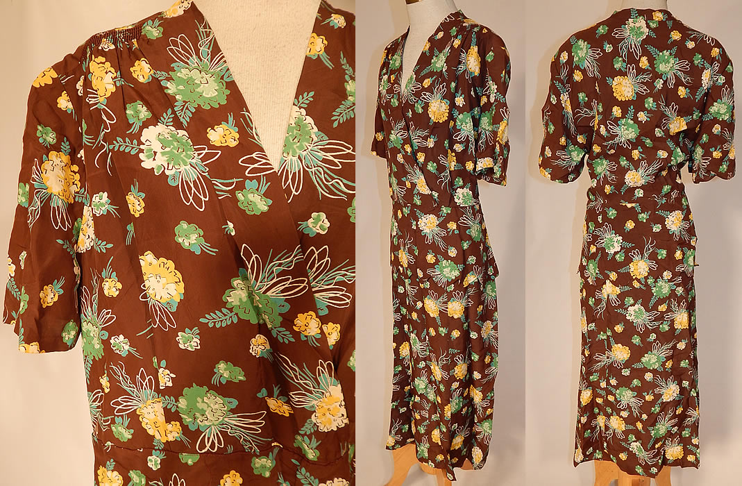 Vintage Brown Green Yellow Flower Bouquet Novelty Print Rayon Peplum Dress
The dress is a large size measuring 45 inches long, with 46 inch hips, a 36 inch waist and 42 inch bust. It is in good condition, with only a small open seam on the side waist. This is truly a wonderful piece of wearable art!