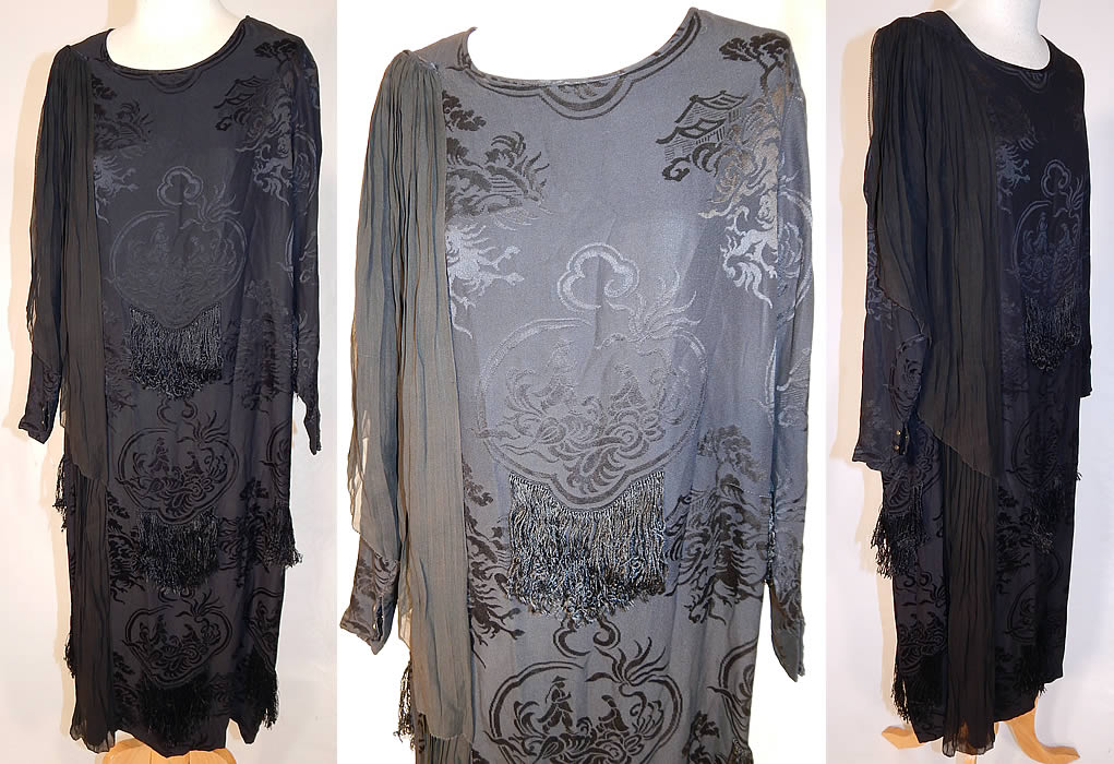 Vintage Black Silk Damask Oriental Chinese Figural Fringed Flapper Dress
This vintage black silk damask Oriental Chinese figural fringed flapper dress dates from the 1920s. It is made of a black silk damask Oriental Chinese figural weave pattern brocade fabric, with silk fringe trim accents and a sheer silk chiffon pleated side panel. 