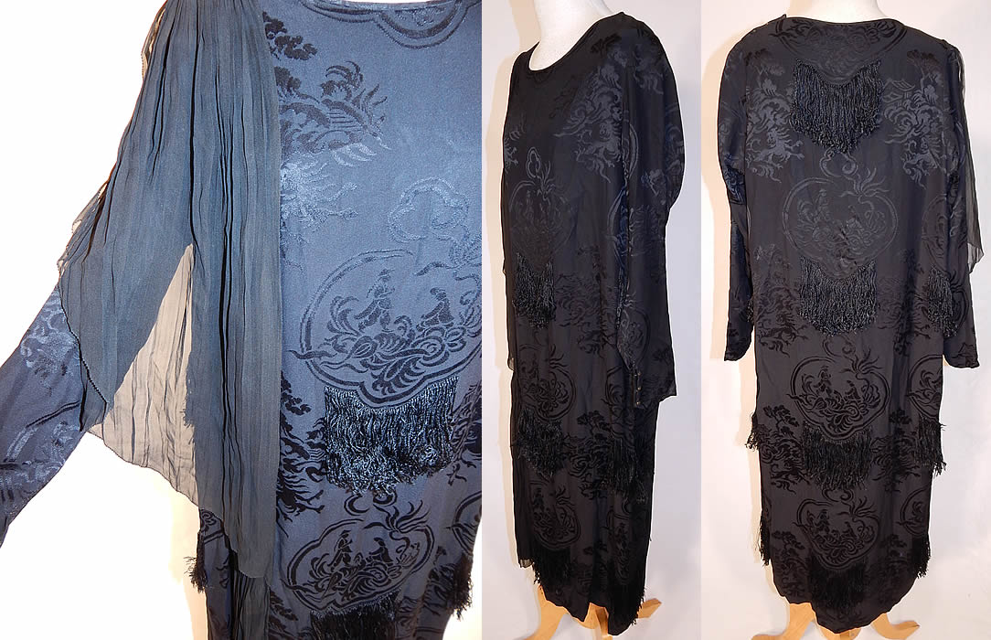 Vintage Black Silk Damask Oriental Chinese Figural Fringed Flapper Dress
This fabulous flapper dress has a loose fitting drop waist style, with long tapered sleeves, fitted cuff snap closures, a layered draping sheer side panel, shoulder snaps and is unlined. 