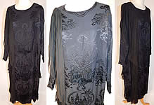 Vintage Black Silk Damask Oriental Chinese Figural Fringed Flapper Dress