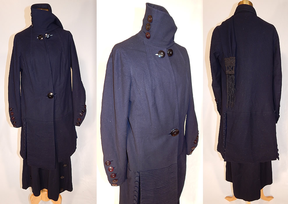 Edwardian George R Taylor Co. Blue Wool Winter Walking Suit Jacket Coat & Skirt
This antique Edwardian era George R Taylor Co. blue wool winter walking suit jacket coat and skirt dates from 1915. It is made of a dark navy blue soft wool fabric, with pleating and button trim details. 