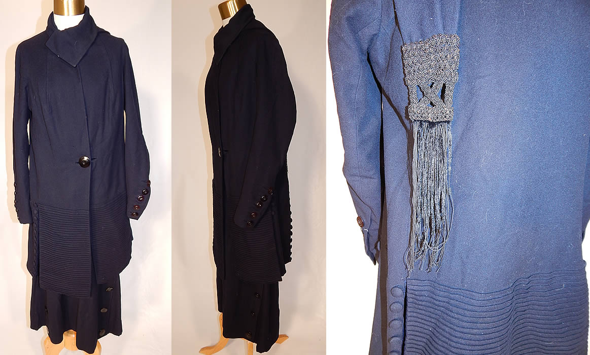 Edwardian George R Taylor Co. Blue Wool Winter Walking Suit Jacket Coat & Skirt
This beautiful blue two piece winter walking suit includes a long knee length coat jacket, with high neck collar which can be worn up or folded down, black silk macramé fringe trim end neck scarf, long sleeves with button cuffs, pockets, a pleated bottom with button trim, front closures and is fully lined. 