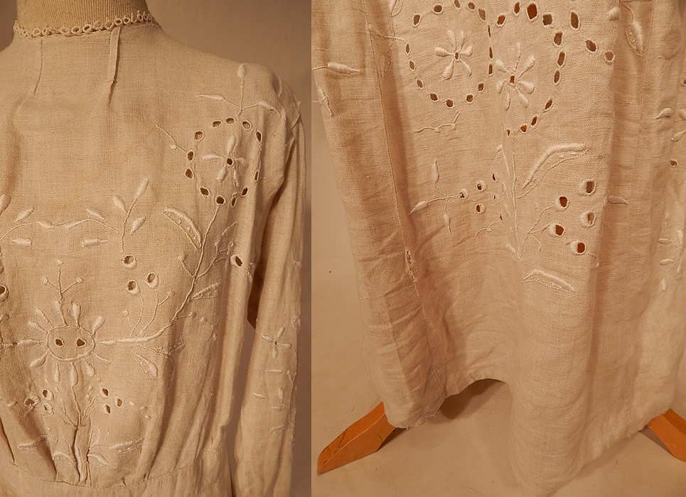 Edwardian Creamy Off White Linen Eyelet Embroidered Cutwork Garden Party Dress
It is in good condition, but has not been cleaned, with only a faint water spot stain on the front top, a dirt smudge on the side waist and a small open seam on the bottom front skirt (see close-up). This is truly a wonderful piece of wearable art!