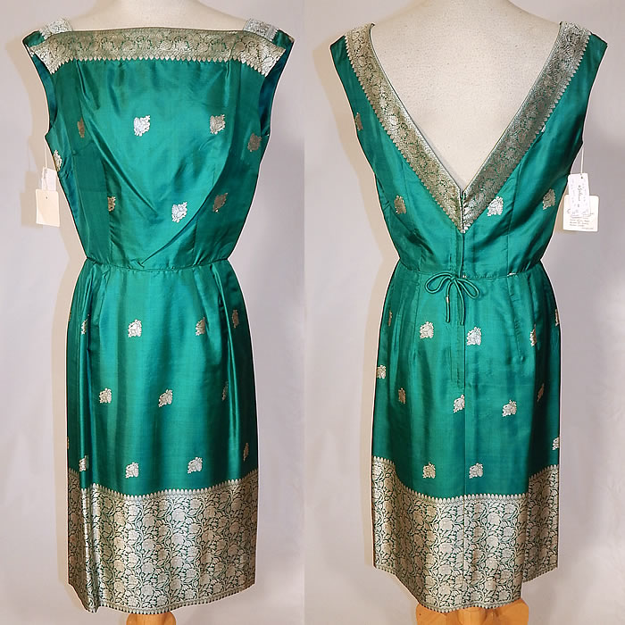 Vintage Elizabeth Bryne Seibu Hong Kong Green Silk Sari India Cocktail Dress NWT
This vintage Elizabeth Bryne Seibu Hong Kong green silk sari India cocktail dress dates from the 1960s. It is made of an emerald green pure silk, hand woven in India sari fabric, with a silver lamé woven design pattern. 