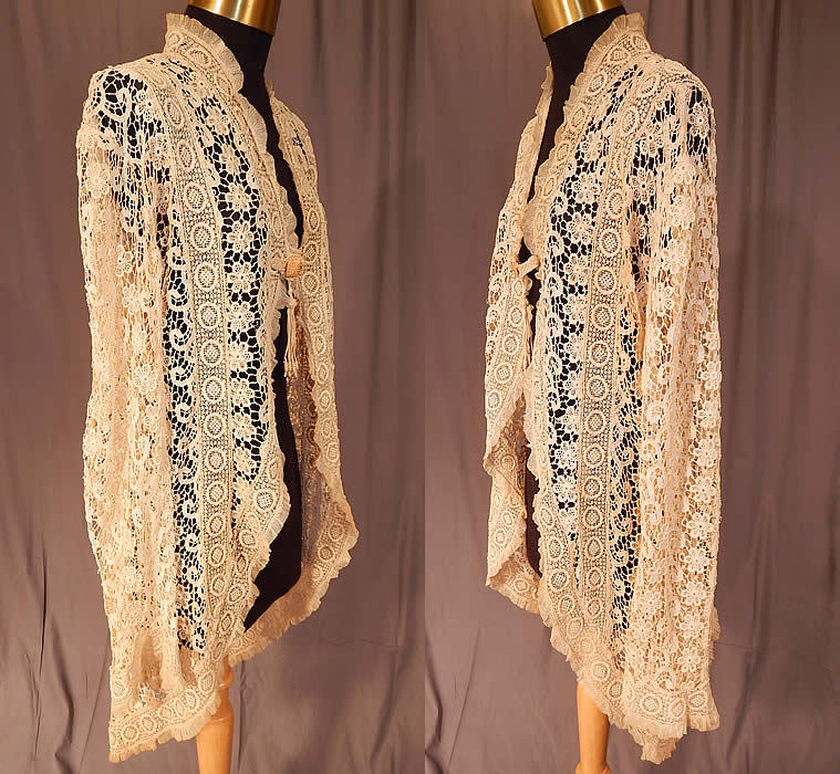 Vintage Edwardian Antique Cream Lace Cutaway Front Tailored Tail Coat Jacket
The coat measures 32 inches long, with a 32 inch waist, 38 inch bust and 24 inch long sleeves. 