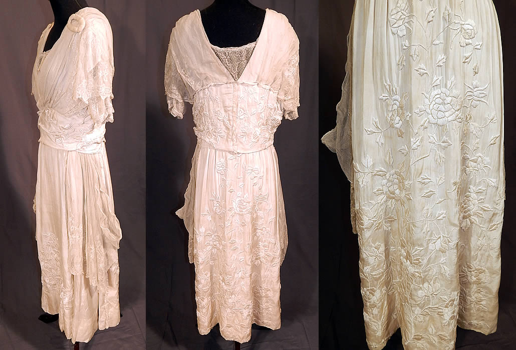 Vintage Robe de Style White Silk Embroidered Piano Shawl Lace Wedding Dress
The dress measures 47 inches long, with a 30 inch waist and 36 inch bust. 