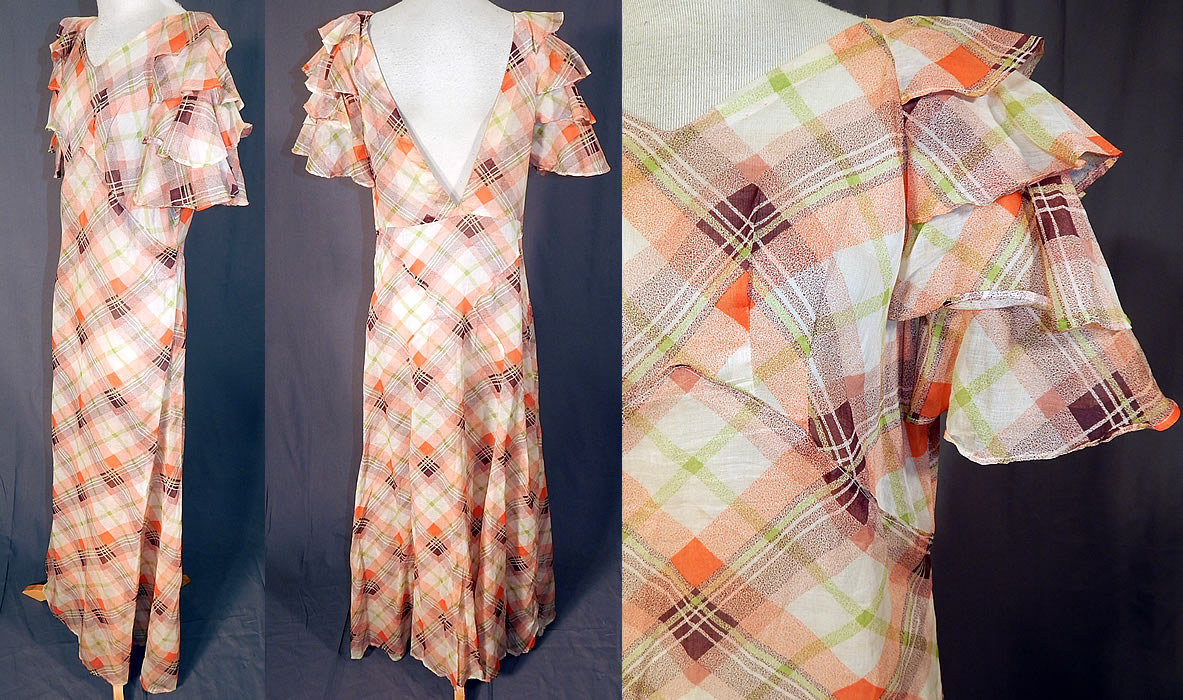 Vintage Orange & White Plaid Organdy Ruffle Bell Sleeve Bias Cut Dress Gown
The dress measures 54 inches long, with 38 inch hips, a 30 inch waist and 38 inch bust. It is in good condition, with only very faint slight underarm discoloration. This is truly a wonderful piece of wearable art! 