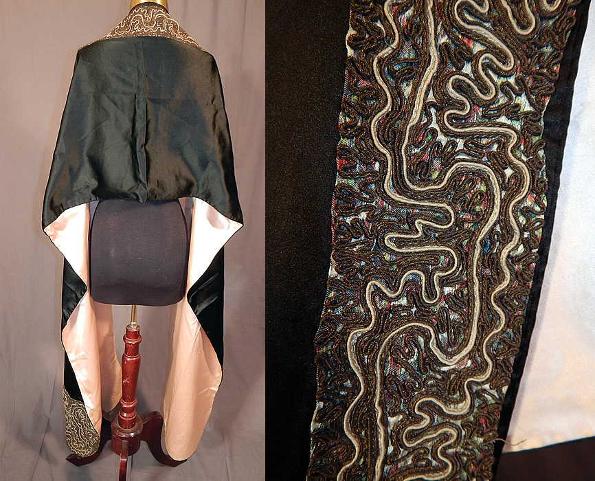 Vintage Art Deco Black Silk Gold Metallic Soutache Embroidery Stole Shawl
This magnificent long rectangle shape scarf stole shawl style cape has the embroidered trim border edging along the neck, front opening and bottom hem ends, with a pink pastel silk satin lining backing inside.
