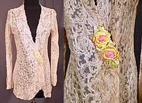 Vintage Silk Ribbon Rosette Trim Cream Tambour Embroidery Net Lace Jacket
