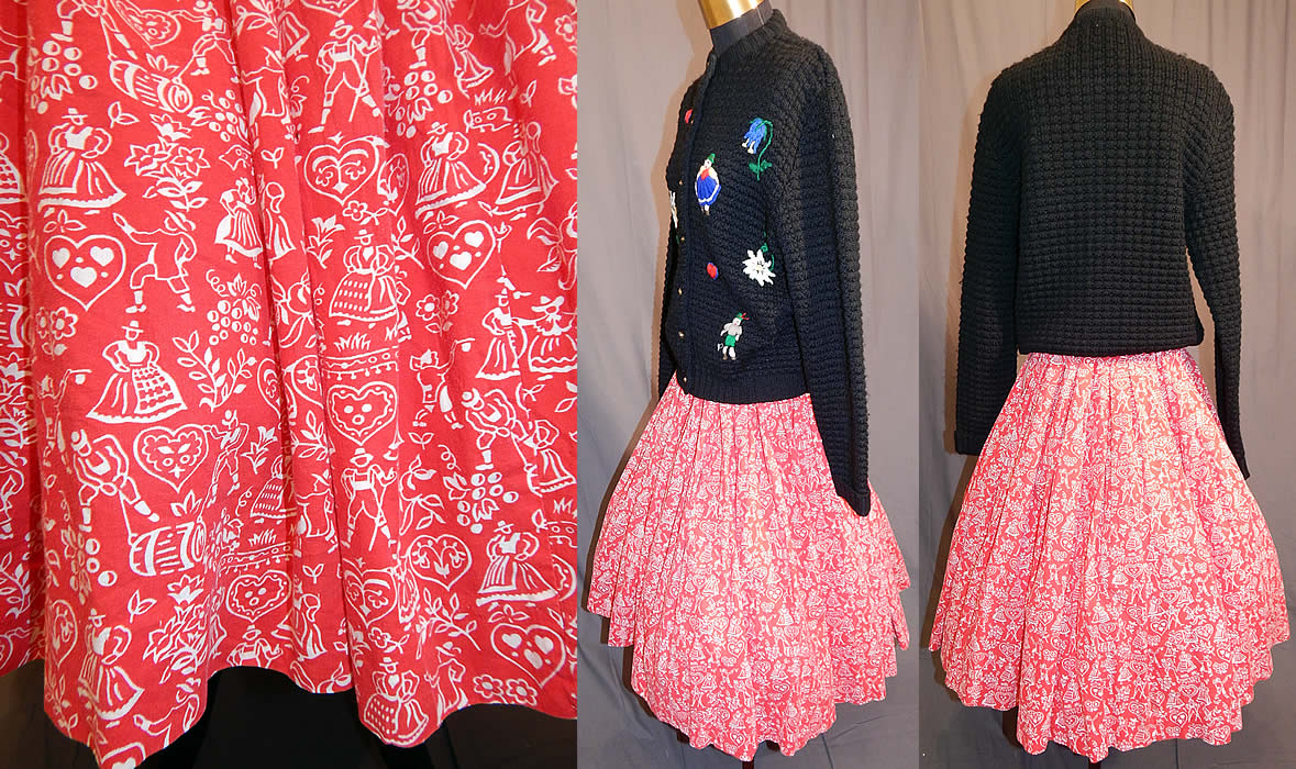 Vintage Austria Hand Embroidered Knit Cardigan Sweater & Novelty Print Circle Skirt
Included in is a red and white cotton novelty print skirt with matching Austrian folk costumed people and hearts design. The full circle skirt, has a side zipper, button waistband closure, is unlined and has a "Gale & Gale by Modern Jr." label sewn inside. It measures 27 inches long, with a 26 inch waist. Both are in excellent condition. This is truly a wonderful piece of wearable Austrian folk art! 