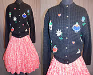 Vintage Austria Hand Embroidered Knit Cardigan Sweater & Novelty Print Circle Skirt
