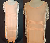 Vintage Pleated Peach Cotton Batiste Filet Lace Ruffle Trim Drop Waist Chemise Dress
