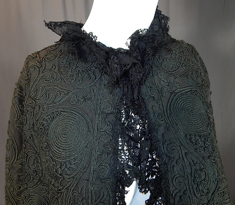 Victorian Black Wool Soutache Embroidery Work Lace Dolman Mantle Cape
It is made of a fine black wool fabric, covered with black silk soutache embroidery work raised braided rope done in a decorative boteh paisley spiral floral design and black cluny bobbin lace trim edging. 