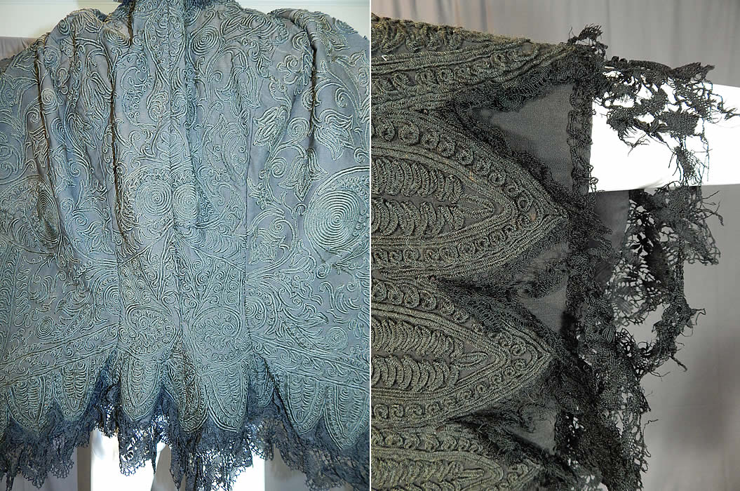 Victorian Black Wool Soutache Embroidery Work Lace Dolman Mantle Cape
The mantle measures 24 inches long, 17 inches wide across the back shoulders, with a 16 inch neck. It is in good as-is condition, with some slight faint fade discoloration in areas and frayed breaks in the lace trim edging. 