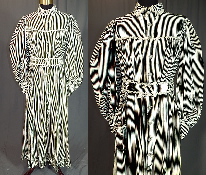 Victorian Black & White Striped Cotton Calico Belted Morning Wrapper Workwear Dress
This antique Victorian era black and white striped cotton calico belted morning wrapper workwear dress dates from 1890. It is made of a black and white striped cotton calico fabric which has a slight strobe effect, with white rick rack trim accents.