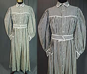 Victorian Black & White Striped Cotton Calico Belted Morning Wrapper Workwear Dress