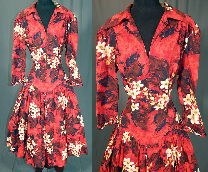 Vintage Red Cotton Hawaiian Plumeria Novelty Print Fit & Flare Circle Skirt Dress
This vintage red cotton Hawaiian plumeria novelty print fit and flare cotton circle skirt dress dates from the 1950s. It is made of shades red, yellow and black cotton fabric, with a Hawaiian plumeria flower novelty print design. 