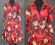 Vintage Red Cotton Hawaiian Plumeria Novelty Print Fit & Flare Circle Skirt Dress
