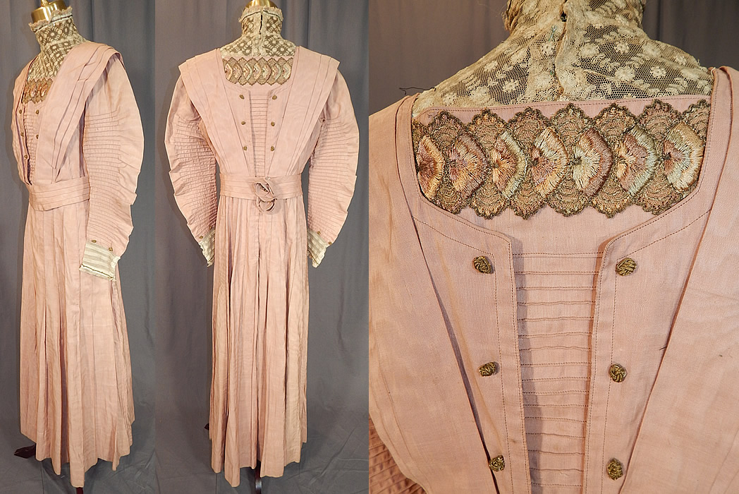 Edwardian Pleated Pink Cotton Silk Moire Gold Embroidered Lace Collar Dress Gown
The dress measures 54 inches long, with a 28 inch waist, 36 inch bust and 12 inch neck.