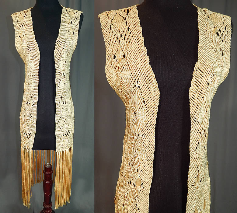 Vintage Yellow Boho Macrame Crochet Silk Ribbon Fringe Shawl Long Vest Jacket
This vintage yellow boho macramé crochet silk ribbon fringe shawl long vest jacket dates from the 1960s. It is made of a pastel yellow silk ribbon work fabric, with macramé crochet sheer woven decorative diamond designs.