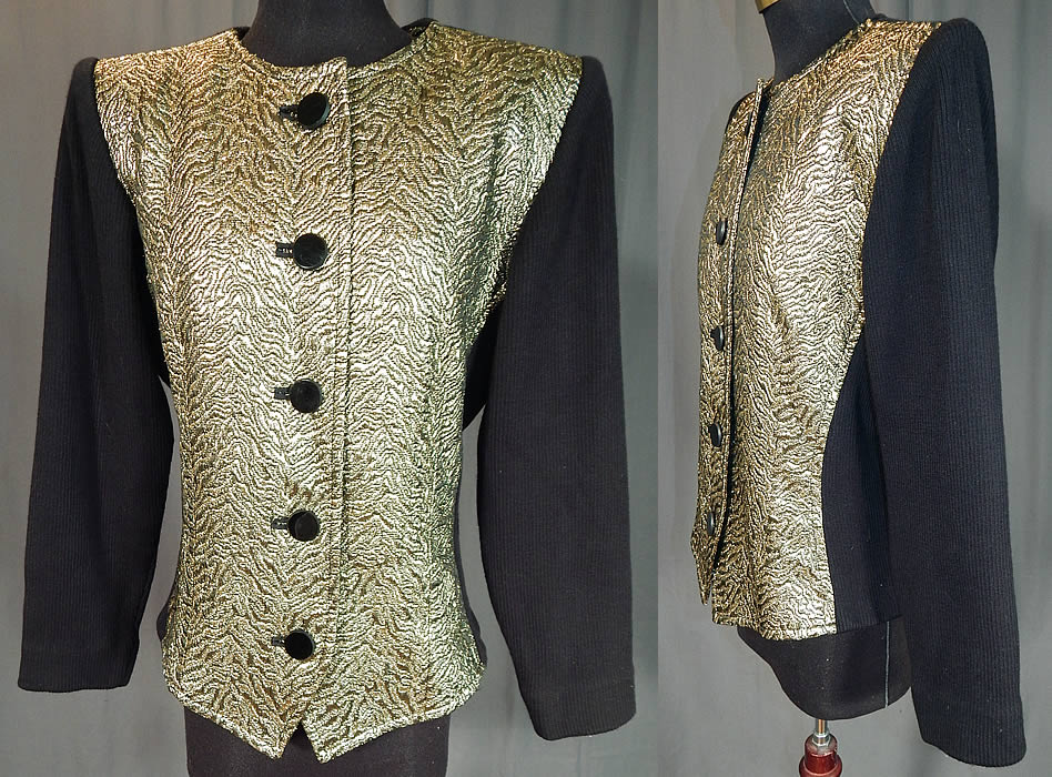 Vintage Saint Laurent Rive Gauche Gold Lamé Black Knit Suit Jacket
This vintage YSL Saint Laurent Rive Gauche gold lamé black knit suit jacket dates from the 1980s. It is made of a gold metallic lamé textured tiger patterned animal brocade fabric front and a black knit ribbed textured stretch fabric back and sleeves.