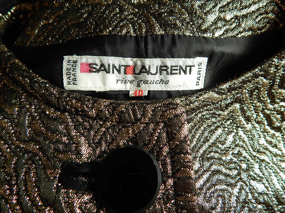 Vintage Saint Laurent Rive Gauche Gold Lamé Black Knit Suit Jacket
There is a "Saint Laurent Rive Gauche Paris Made in France" designer label European size 40 tag sewn inside.