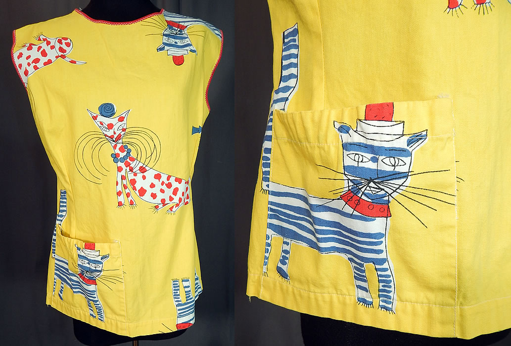 Vintage Ameritex Screen Print Novelty Mod Cat Art Smock Tunic Top Blouse
This vintage Ameritex screen print novelty mod cat art smock tunic top blouse dates from the 1960s. It is made of a yellow cotton fabric, with a colorful Daliesque surrealist beatnik kitty cats wearing hats silk screen novelty print design.