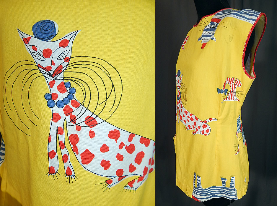 Vintage Ameritex Screen Print Novelty Mod Cat Art Smock Tunic Top Blouse
This retro mod artist smock style shirt tunic top blouse has a long mid length, is sleeveless, with a front patch pocket at the bottom and button back closures.