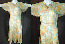 Vintage Yellow Tulip Flower Print Silk Shawl Collar Cape Bias Cut Dress