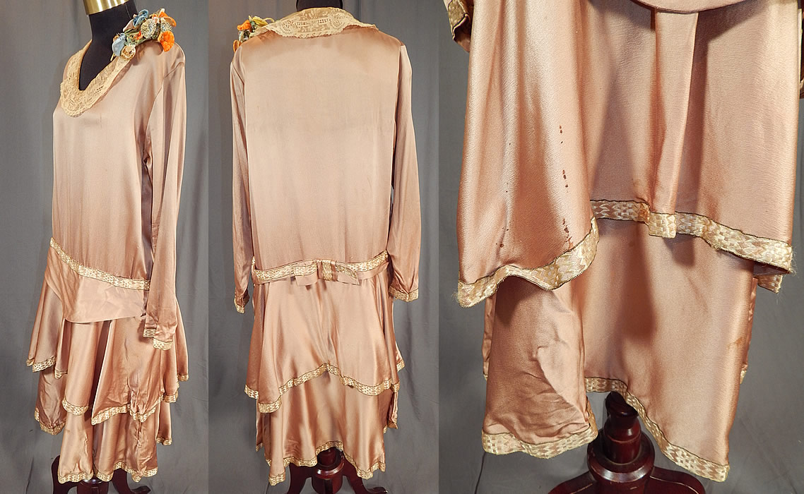 Vintage Ecru Beige Silk Lace Collar Spotted Velvet Flower Trim Drop Waist Dress
The dress measures 41 inches long, with a 40 inch waist, 36 inch bust and 22 inch long sleeves. 