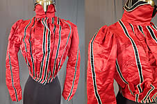 Victorian Red Silk Black & White Striped Pleated Bodice Blouse
