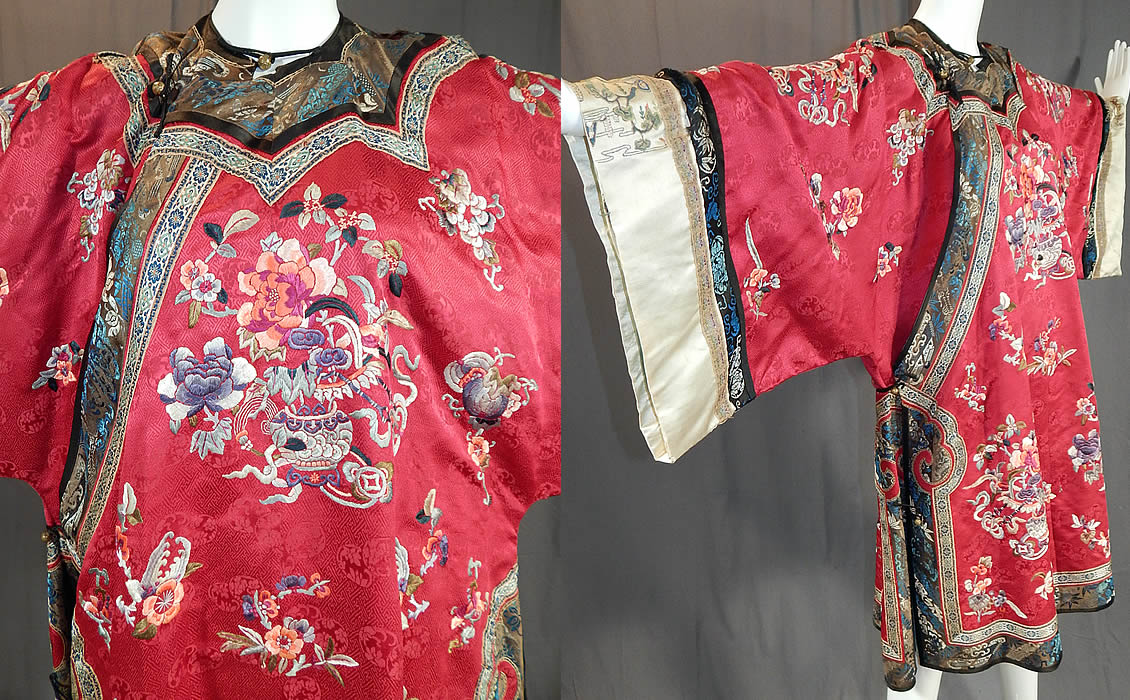 Antique Chinese Red Silk Embroidered Forbidden Stitch Sleeve Band Cuff Qipao Robe
It is made of an imperial hue red color silk damask weave swastika patterned for longevity fabric, with colorful silk raised padded satin stitch hand embroidery work of peony flower vases which are symbols of love and affection, grapes and pomegranate for fertility, posterity, wealth and abundance. 