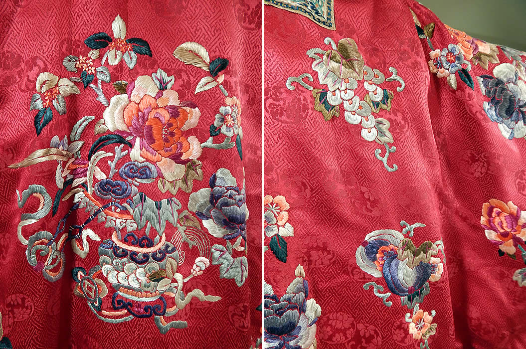 Antique Chinese Red Silk Embroidered Forbidden Stitch Sleeve Band Cuff Qipao Robe
It is in good condition, with only some fraying along the collar trim at the shoulder, sleeve cuff creased edging and inside neck lining.