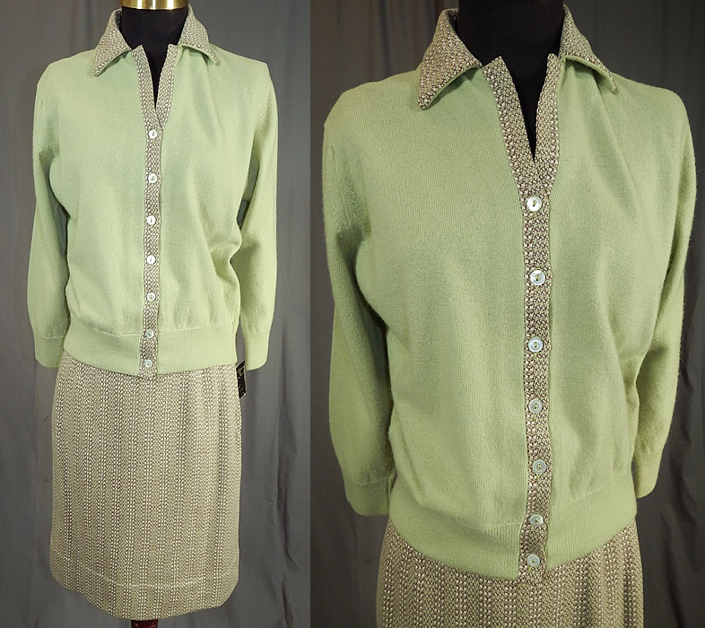 Vintage Bryant of Scotland Cashmere Cardigan Sweater Suit Tweed Skirt NWTVintage Bryant of Scotland Cashmere Cardigan Sweater Suit Tweed Skirt NWT
This unworn vintage Bryant of Scotland cashmere cardigan sweater suit and tweed skirt dates from the 1950s. It is made of a celadon pastel green color pure cashmere fabric with woven tweed pattern design.